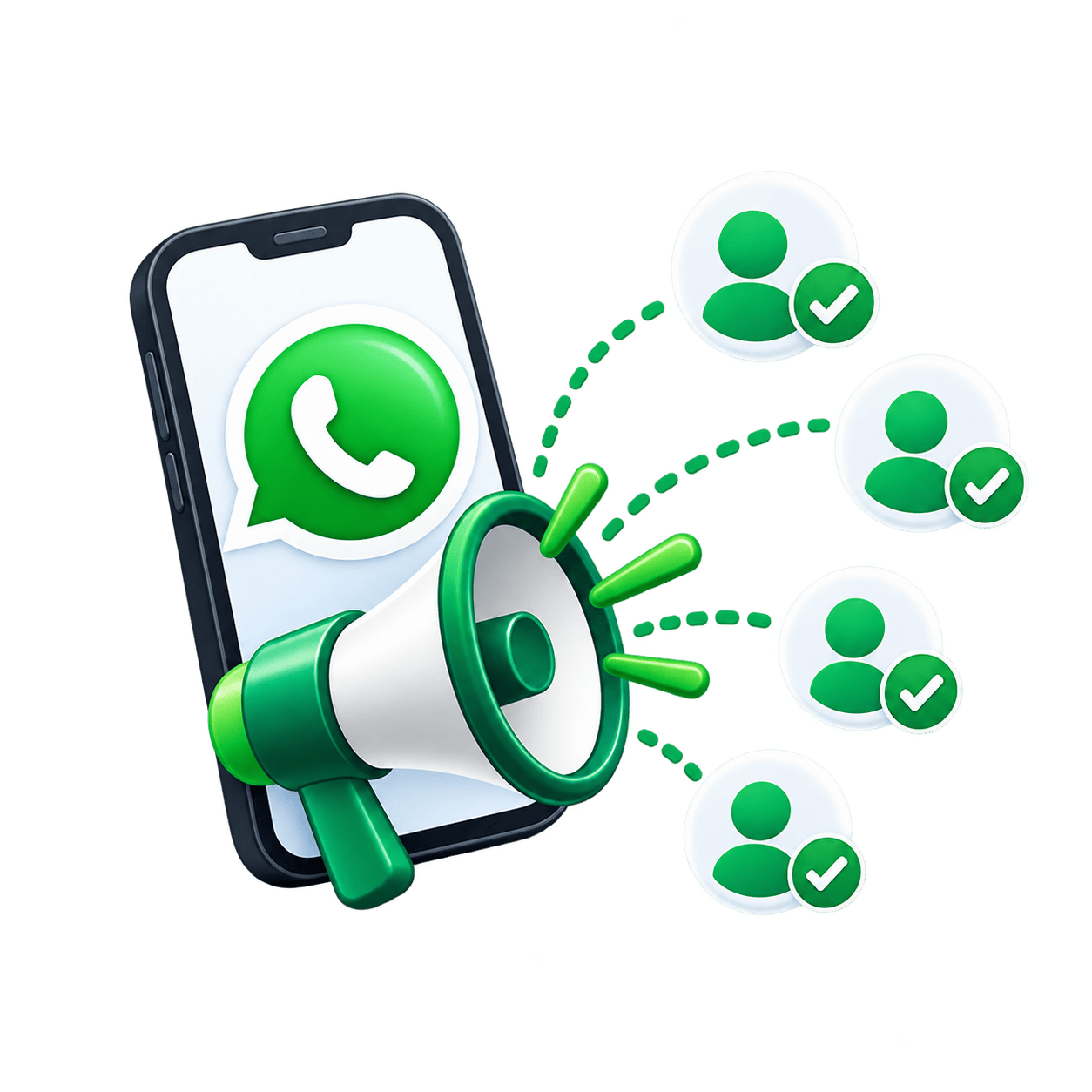 WhatsApp campaign illustration with a smartphone, megaphone and customer chat icons