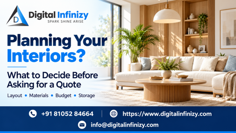 Planning your interiors? Digital Infinizy guide to layout, materials, budget and storage, with a contemporary living room.