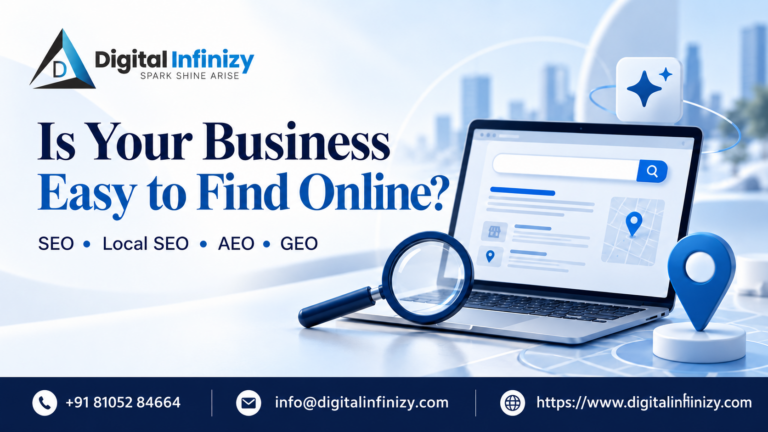 Digital Infinizy guide to SEO, Local SEO, AEO and GEO, with business contact details.